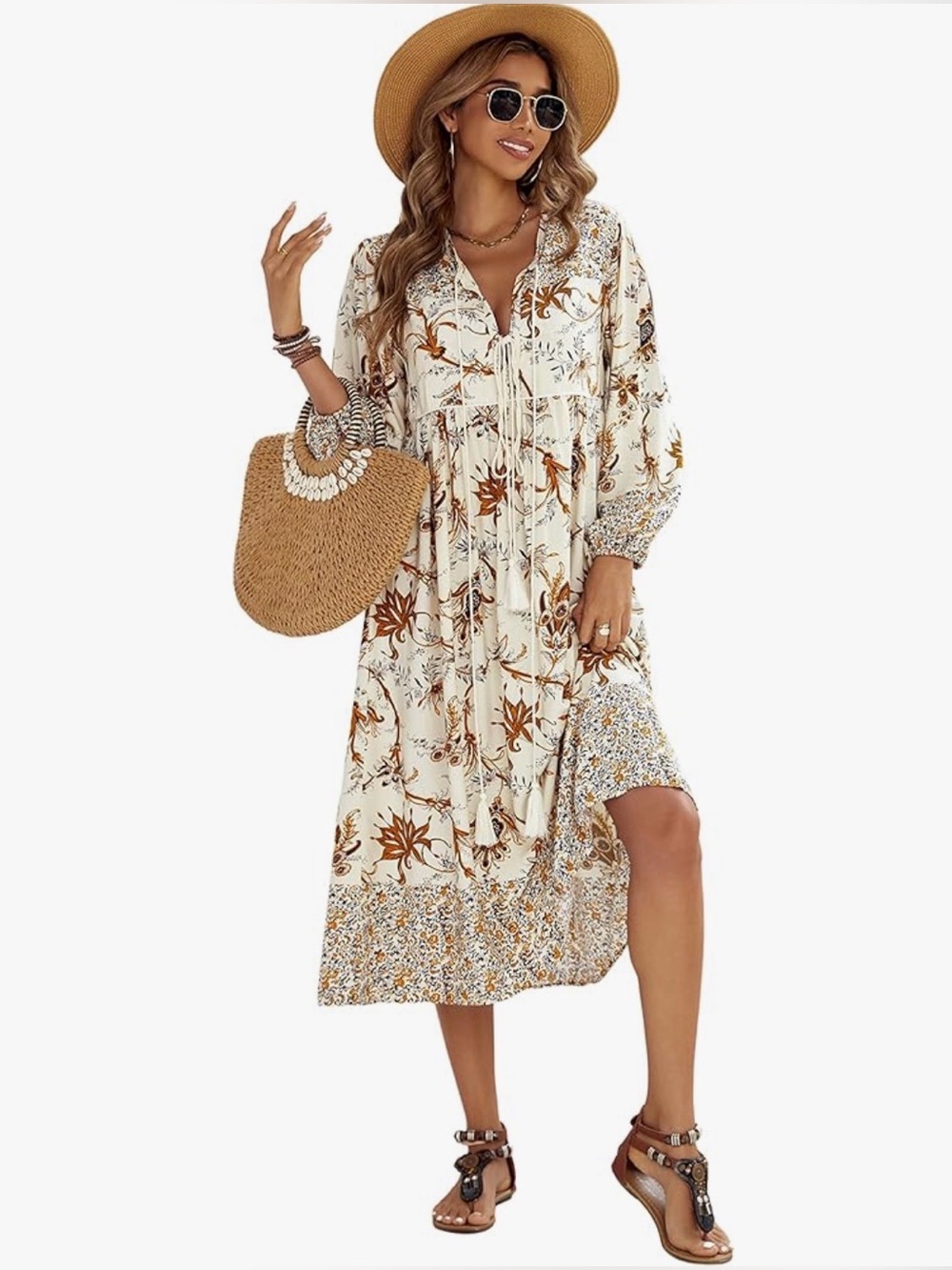 R. Vivimos Boho Floral Midi Dress with Tassel Tie
